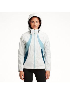 Spyder Ski Jacket Women 8 White Blue Hooded Nylon Shell Zip Winter Snow Coat